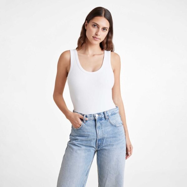 Ribbed Scoop Tank Bodysuit | White
