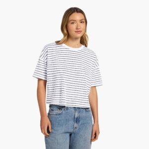 Soft Cotton Striped Boxy Tee | White/Navy
