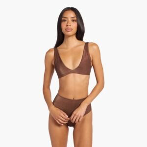 Shimmer Plunge Bikini Top | Coffee